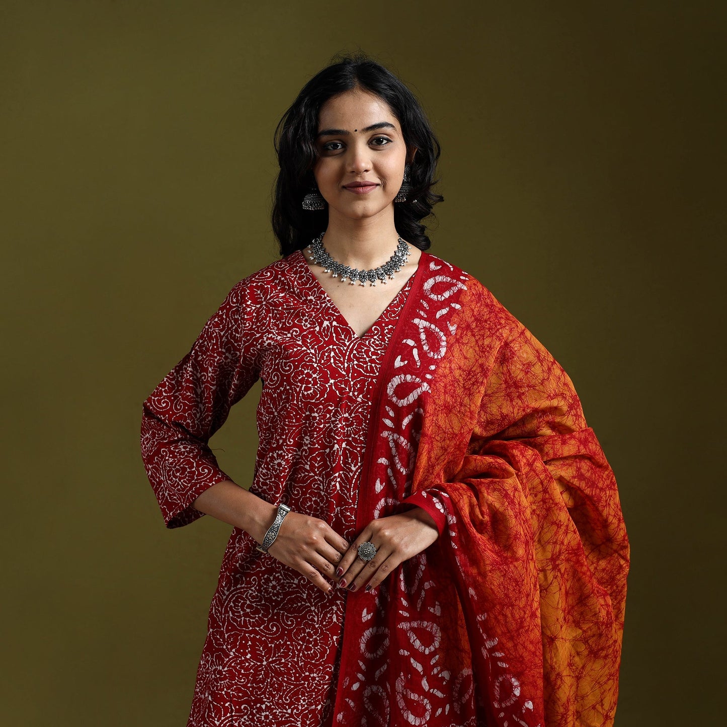 Hand block batik print cotton suit set with dupatta
