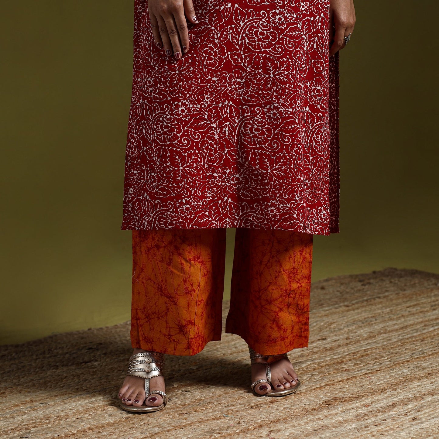 Hand block batik print cotton suit set with dupatta