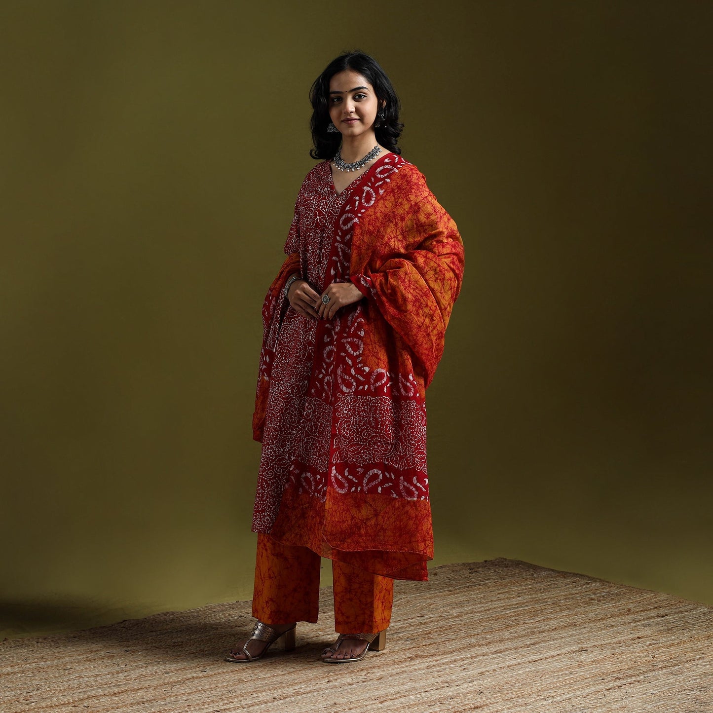 Hand block batik print cotton suit set with dupatta