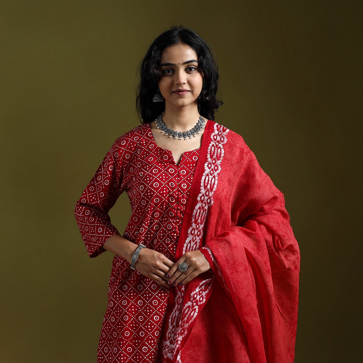 Hand block batik print cotton suit set with dupatta