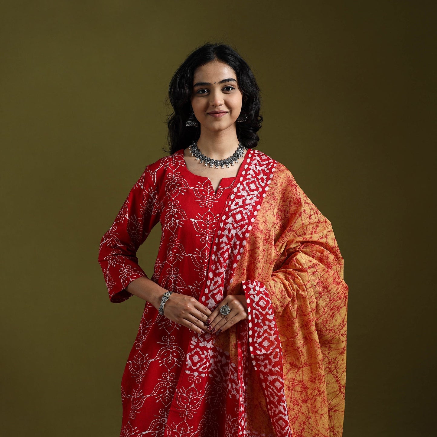 Hand block batik print cotton suit set with dupatta
