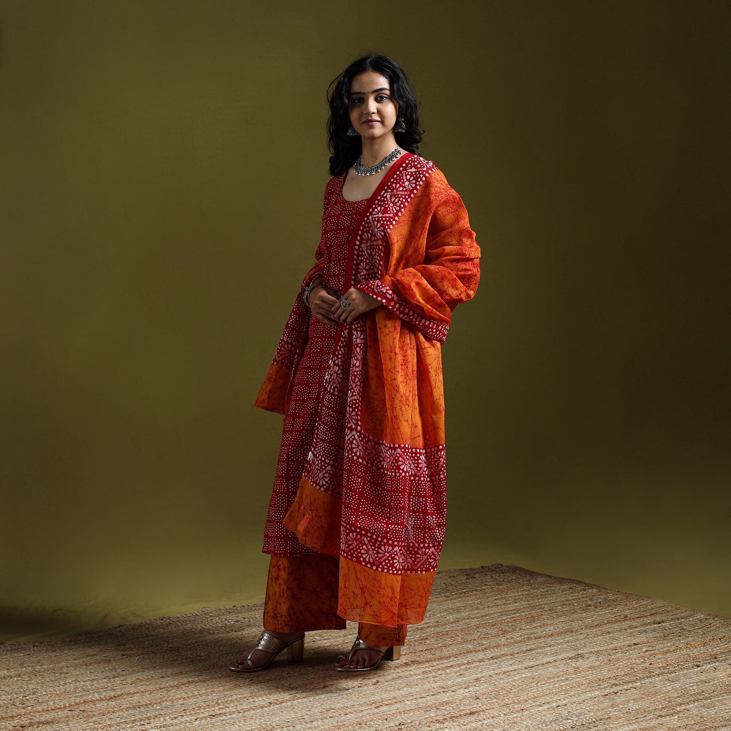 Hand block batik print cotton suit set with dupatta