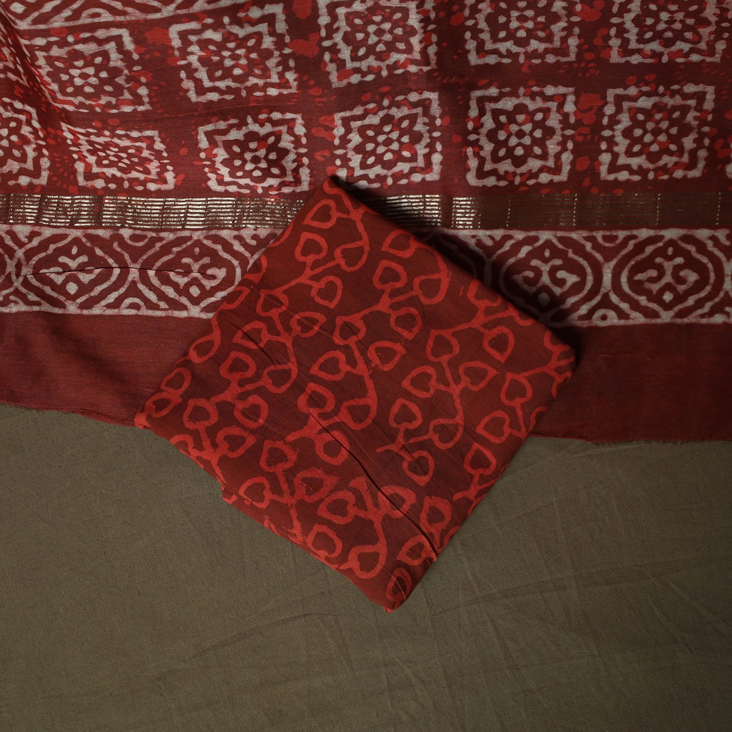 Hand block batik print maheshwari silk 3pc unstitched dress