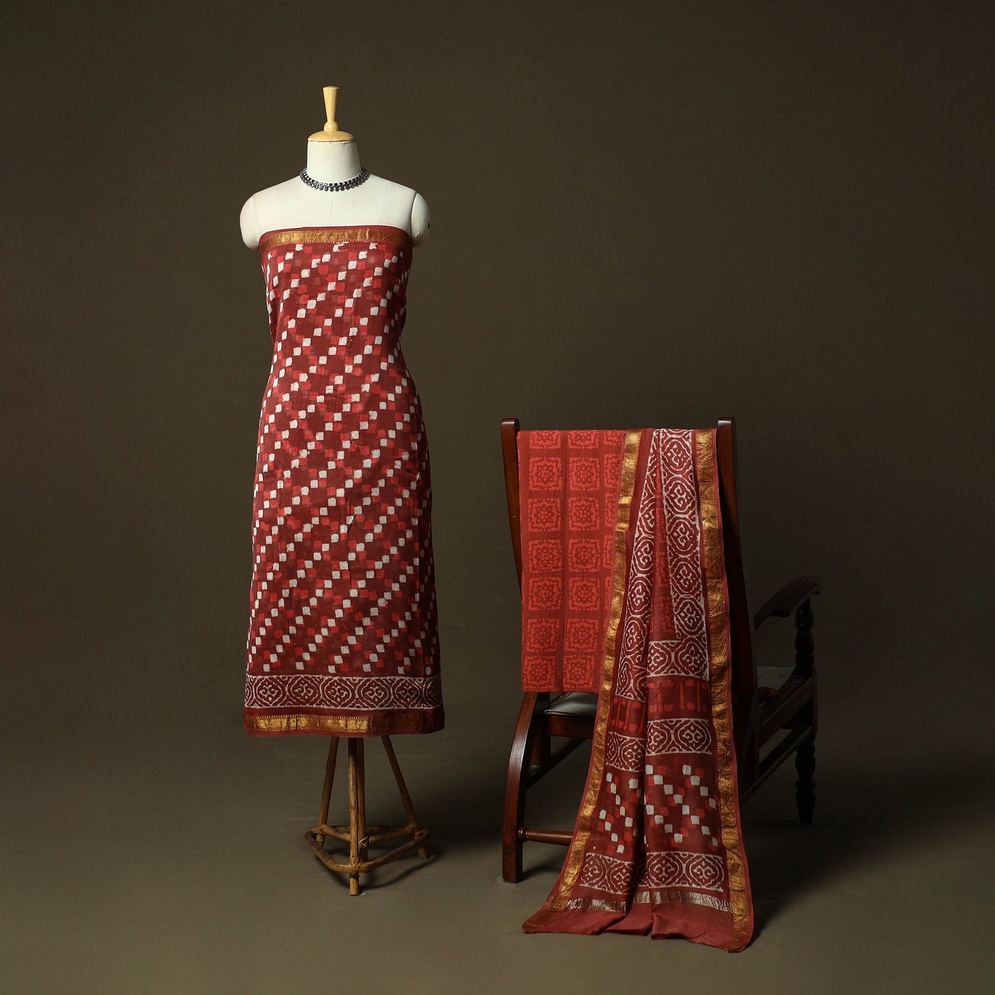 Hand block batik print maheshwari silk 3pc unstitched dress
