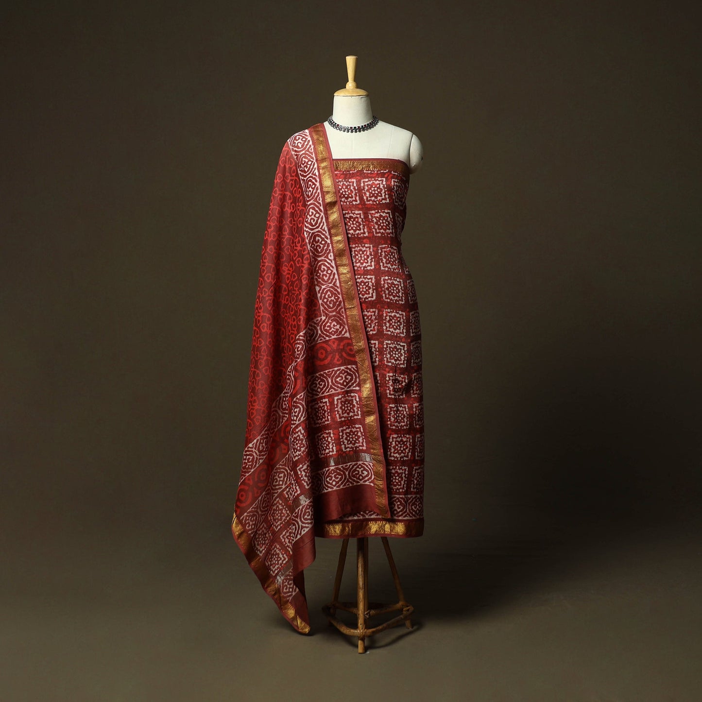 Hand block batik print maheshwari silk 3pc unstitched dress