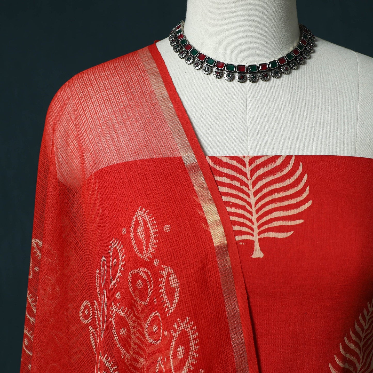 Hand block jaipur print cotton 3pc unstitched dress
