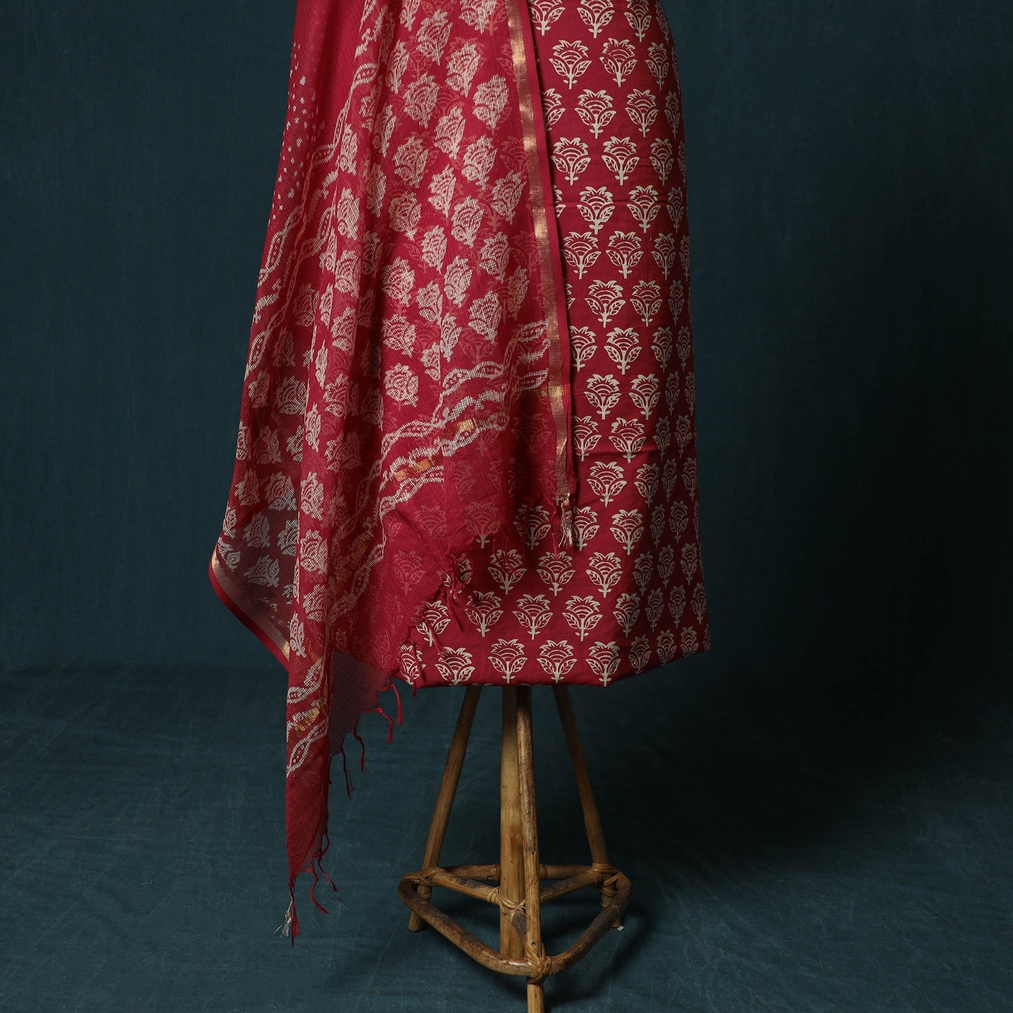 Hand block jaipur print cotton 3pc unstitched dress