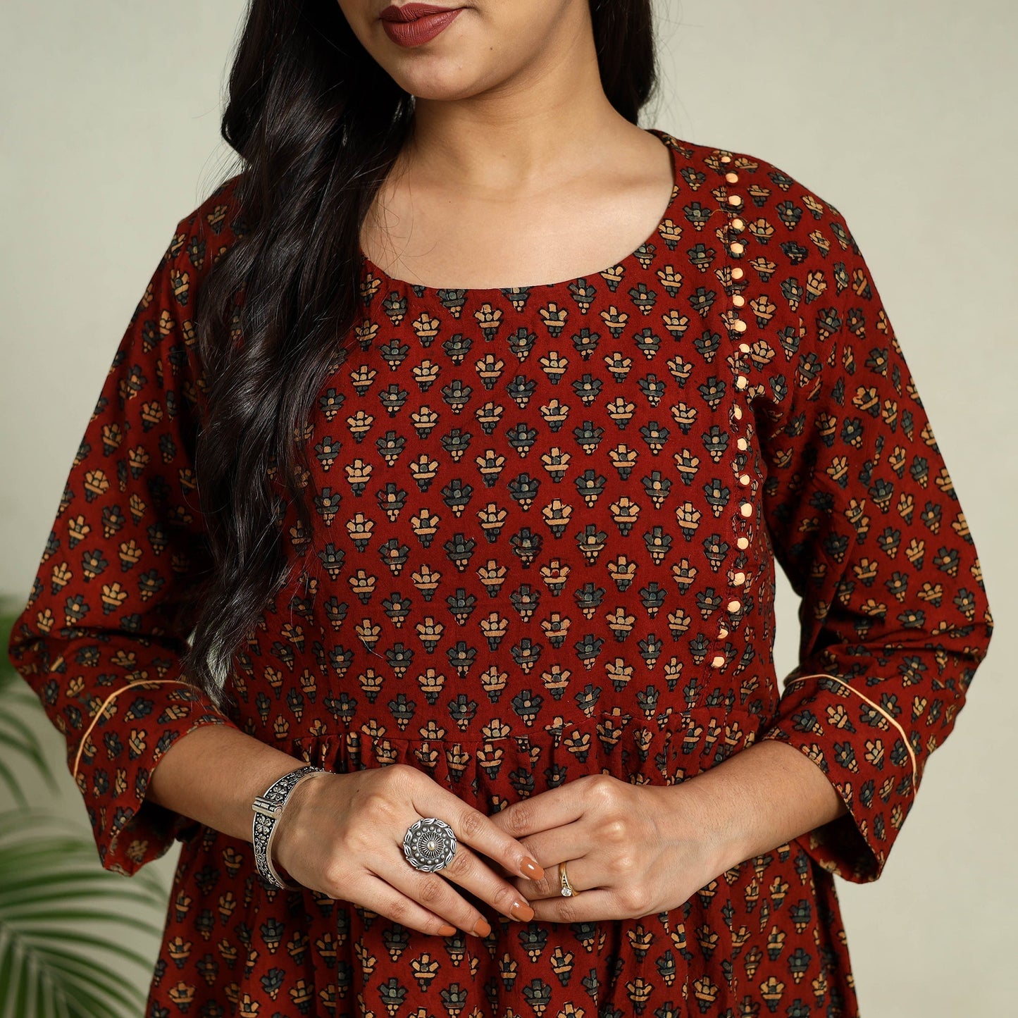 Red Hand Block Print Cotton Flared Ajrakh Dress
