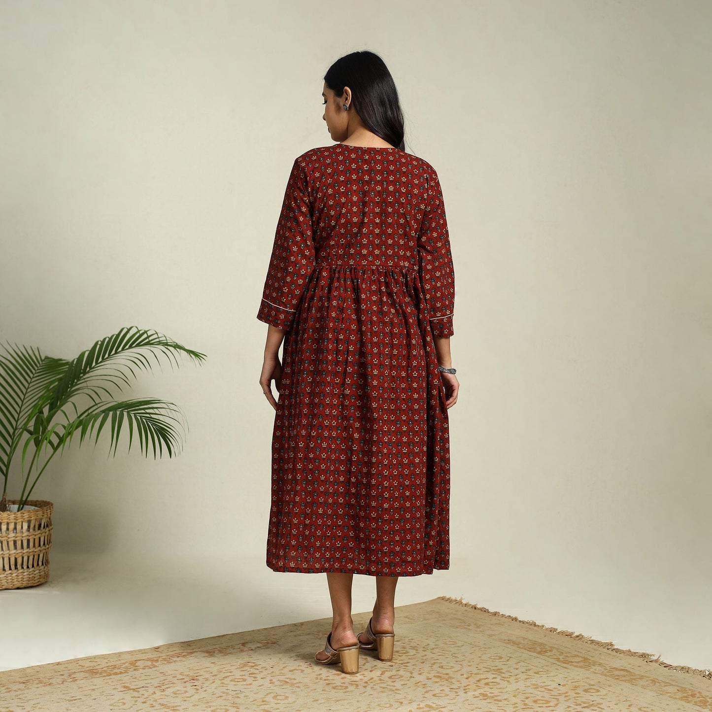 Red Hand Block Print Cotton Flared Ajrakh Dress