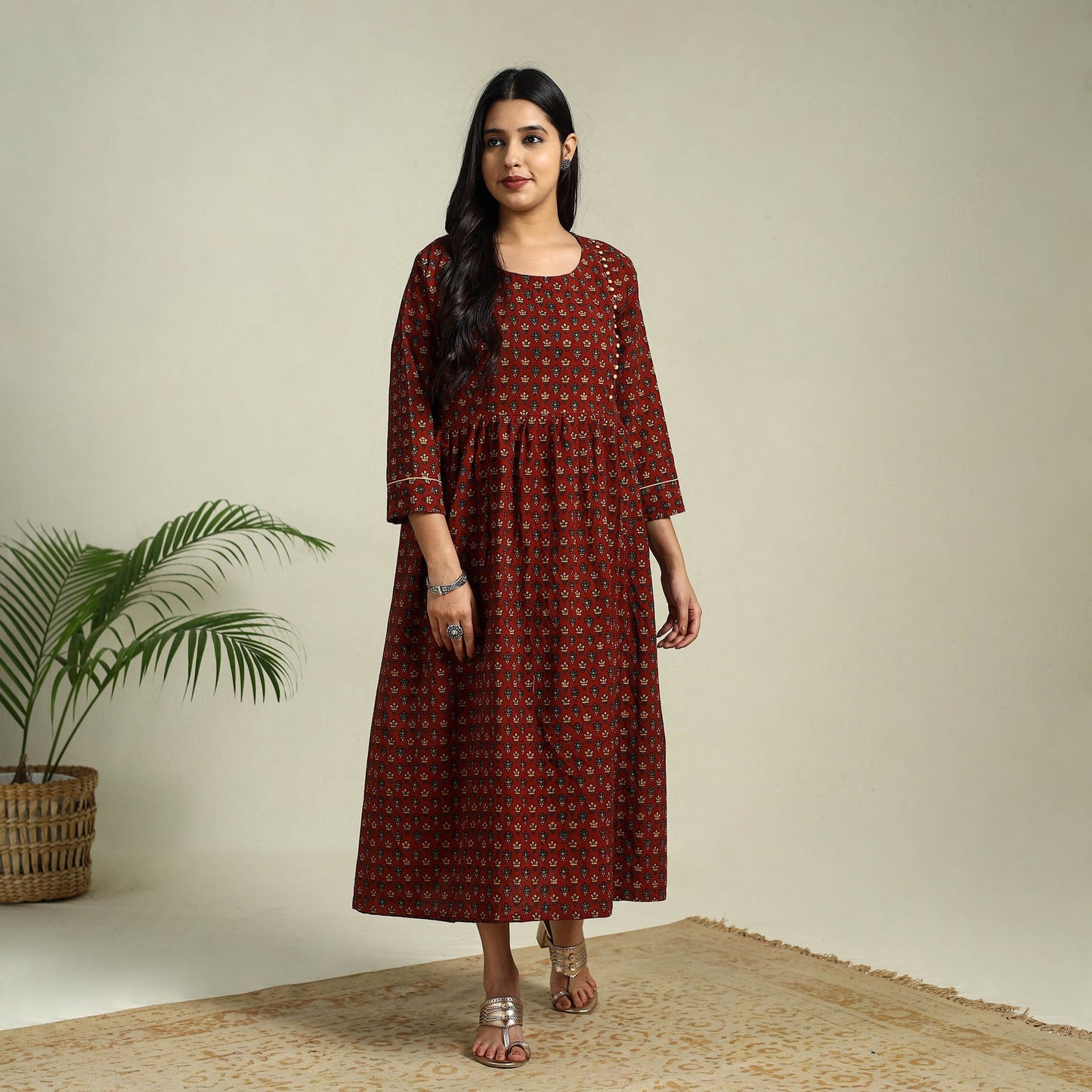 Red Hand Block Print Cotton Flared Ajrakh Dress