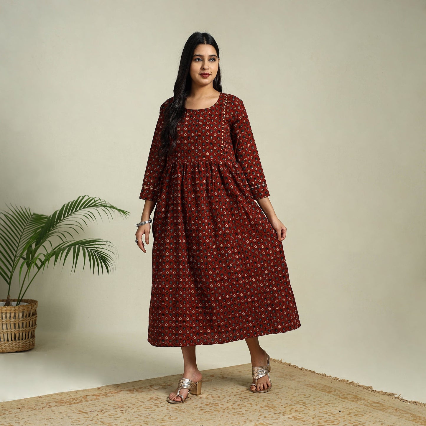 Red Hand Block Print Cotton Flared Ajrakh Dress
