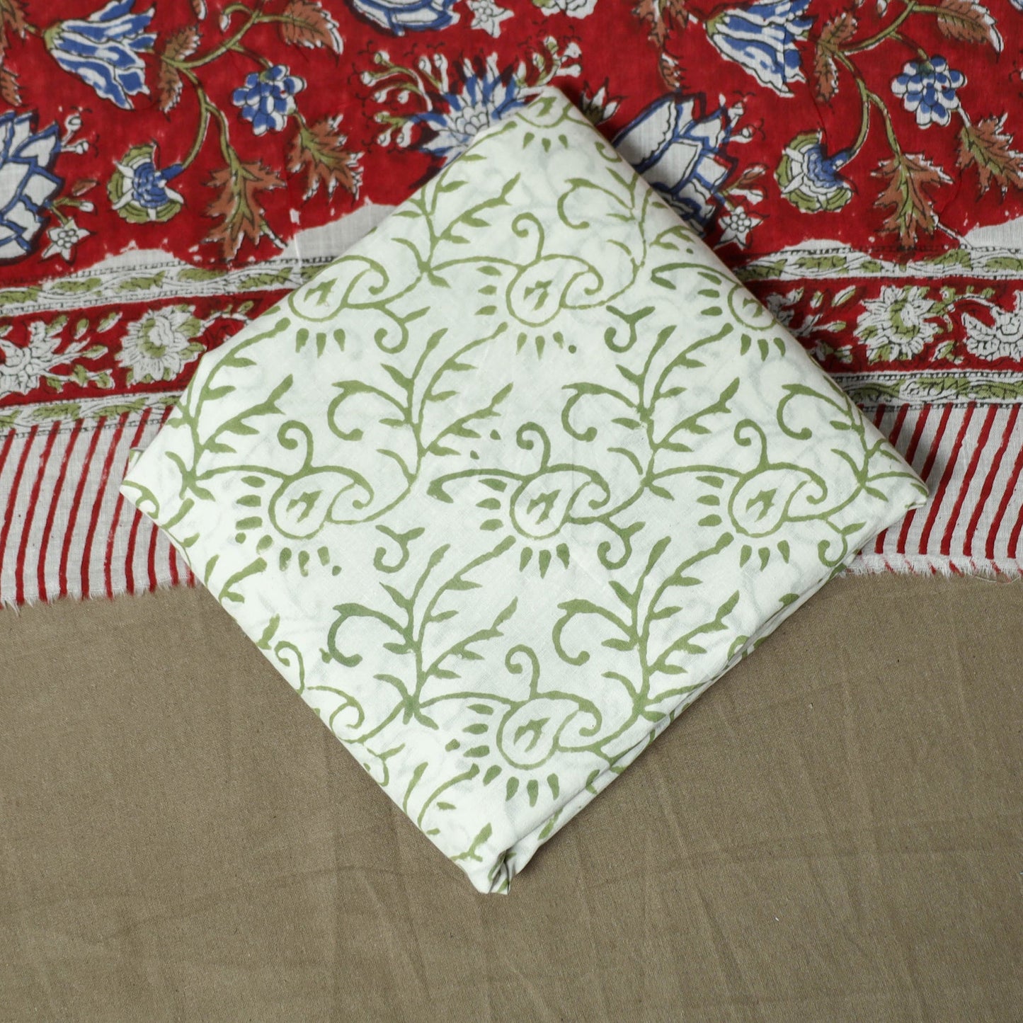 Hand block print cotton sanganeri 3pc unstitched dress