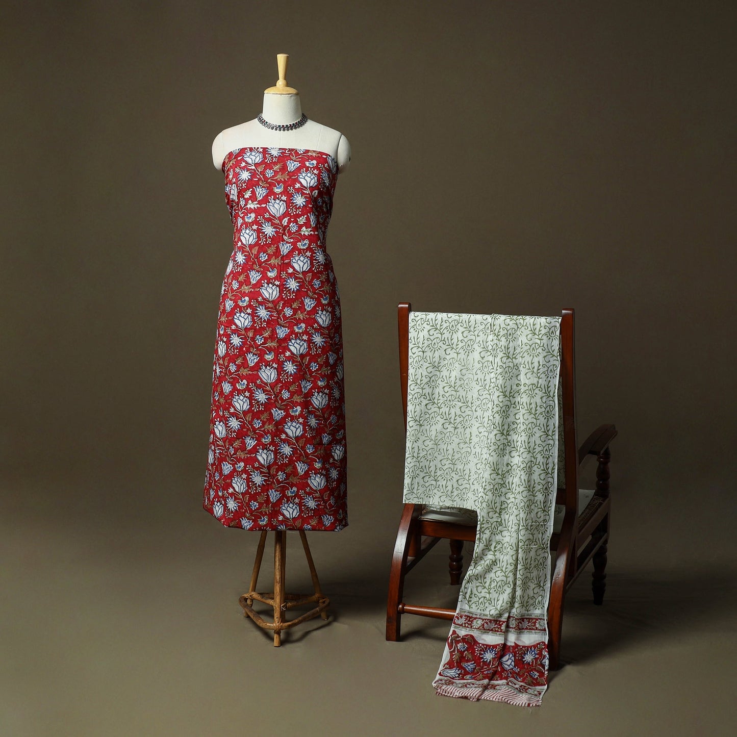 Hand block print cotton sanganeri 3pc unstitched dress