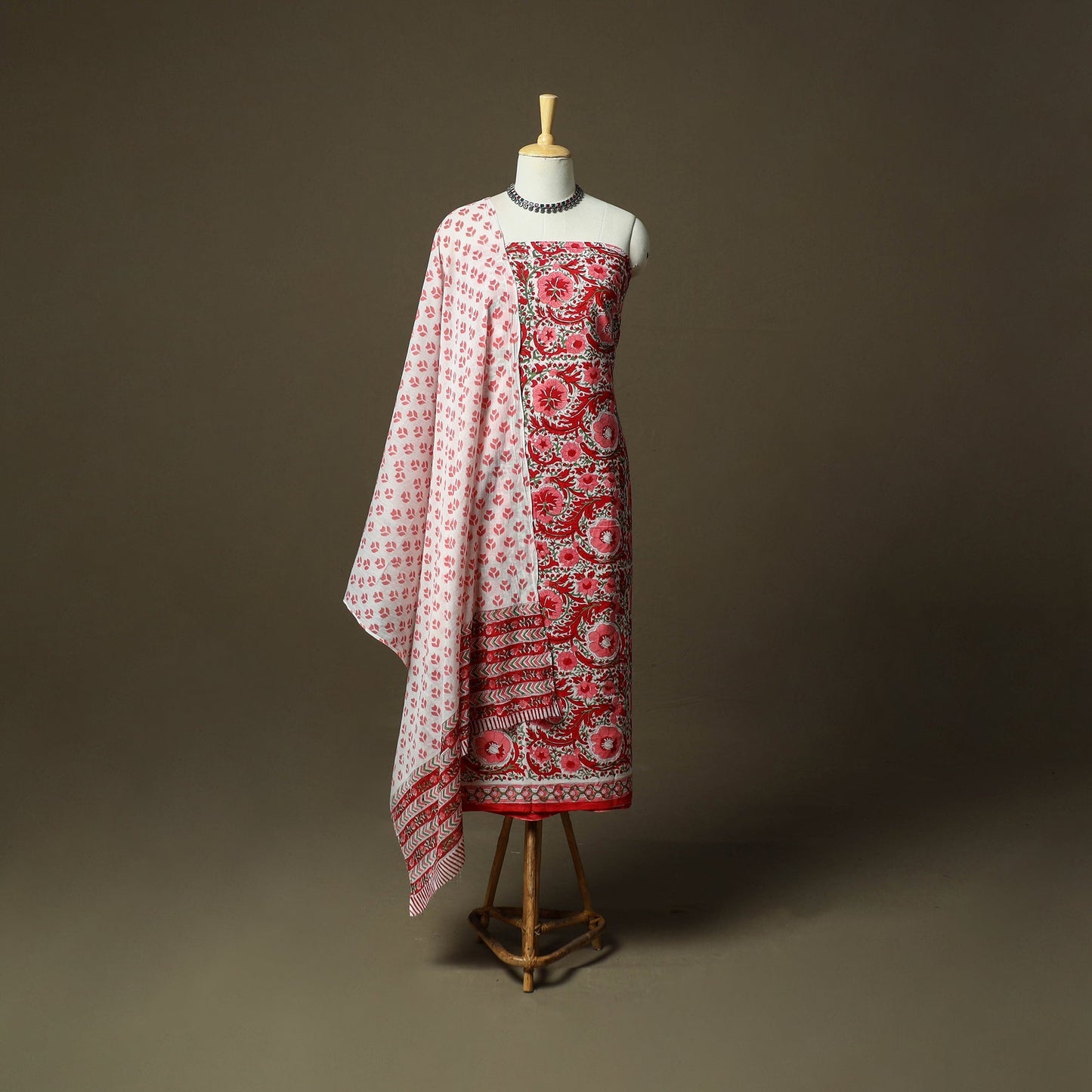 Hand block print cotton sanganeri 3pc unstitched dress
