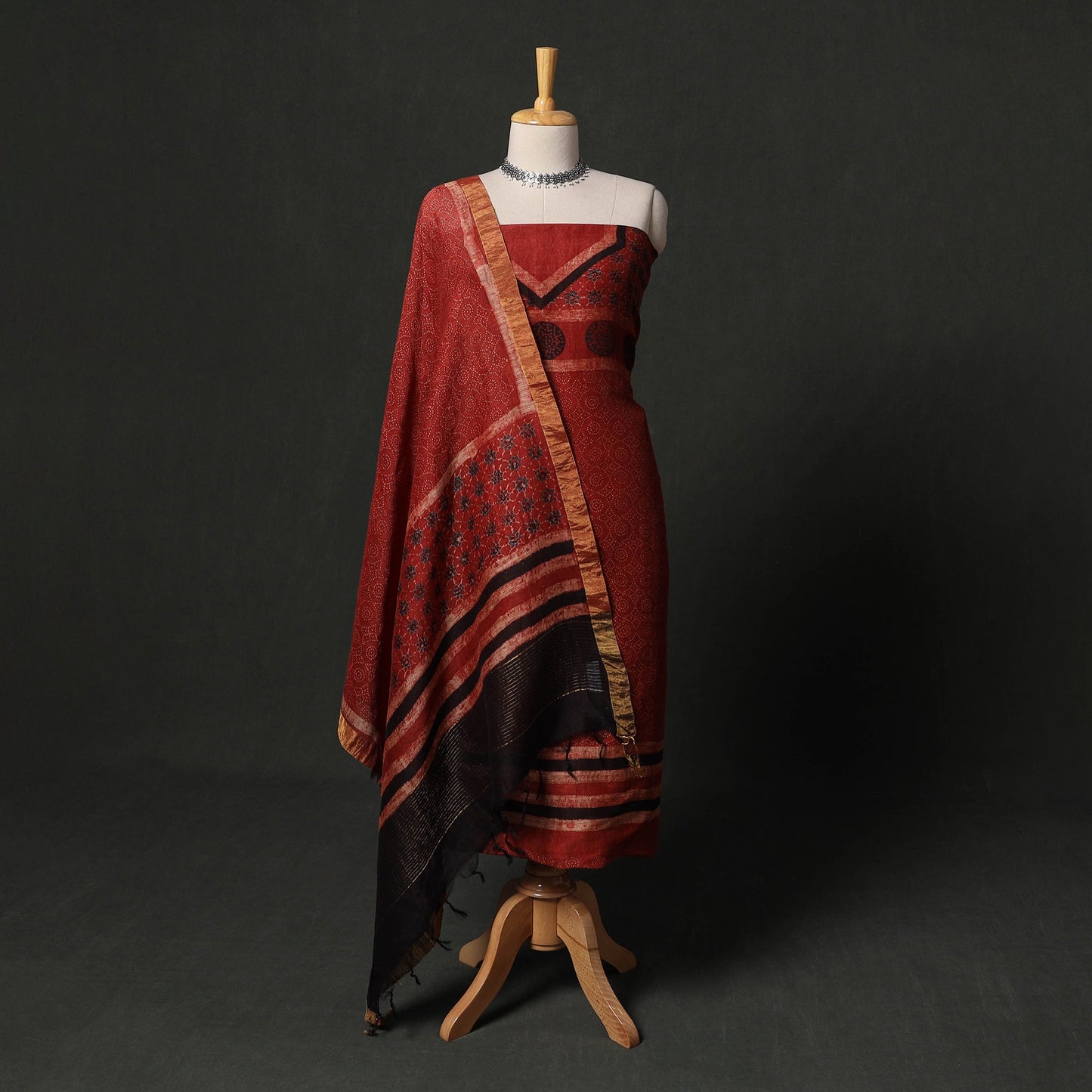 Hand block print linen silk natural dyed ajrakh 2pc