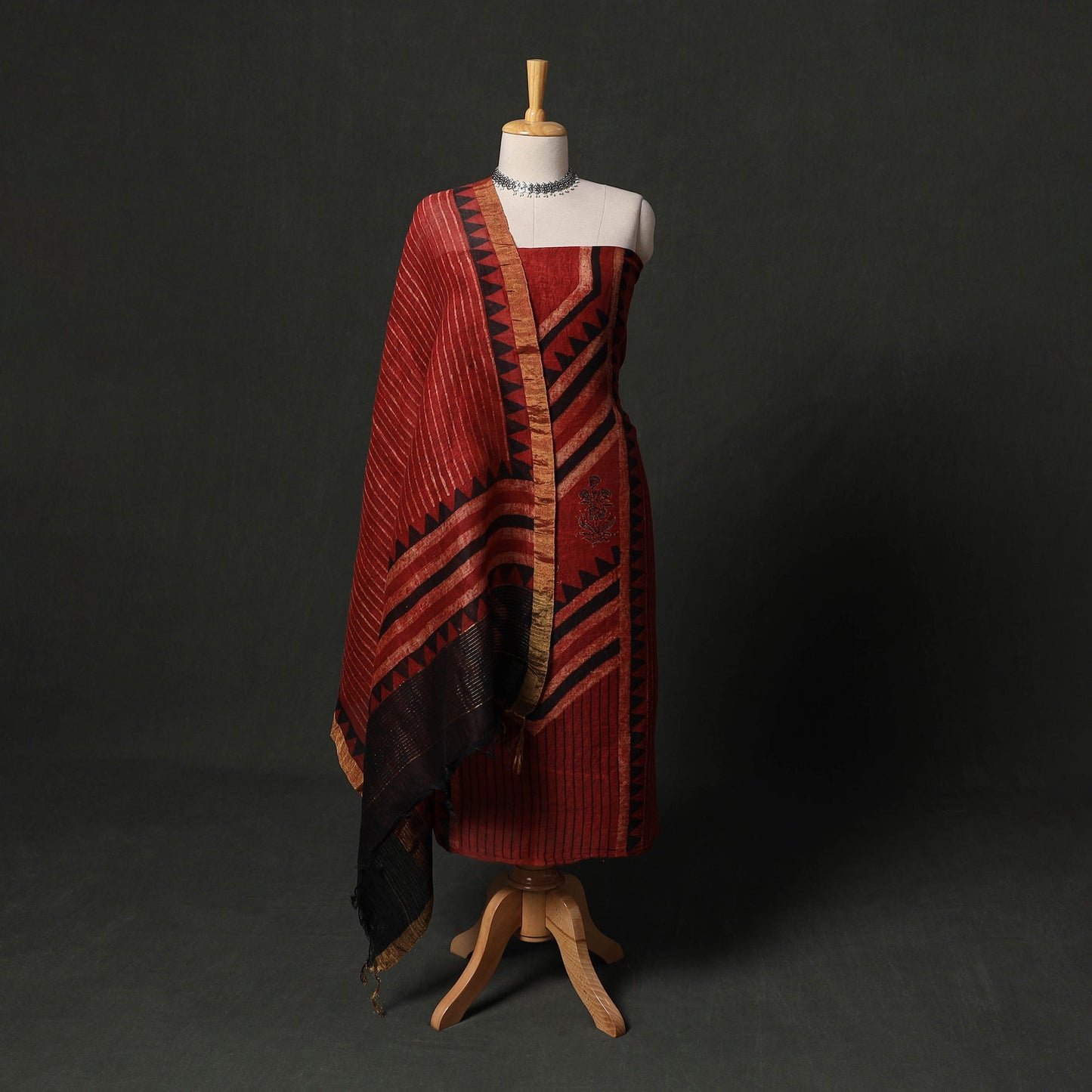 Hand block print linen silk natural dyed ajrakh 2pc