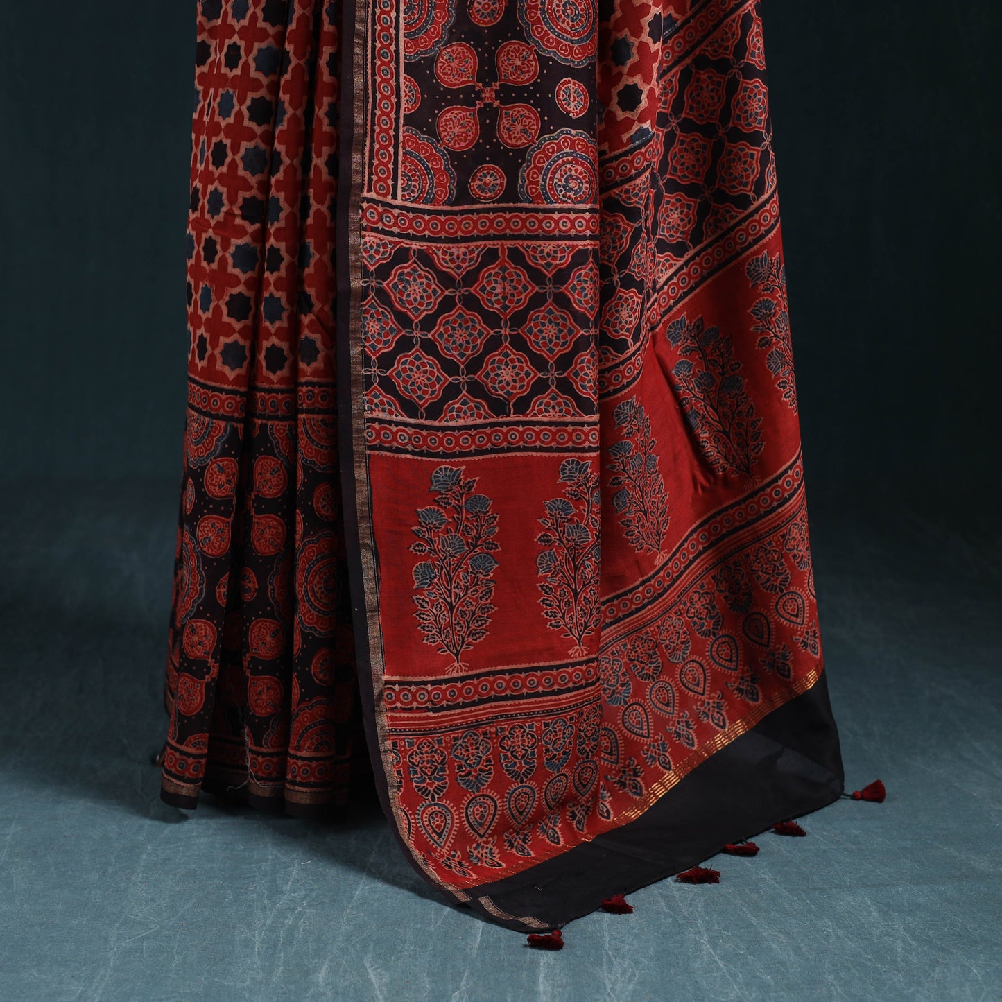 Hand block print natural dyed chanderi silk ajrakh saree 14