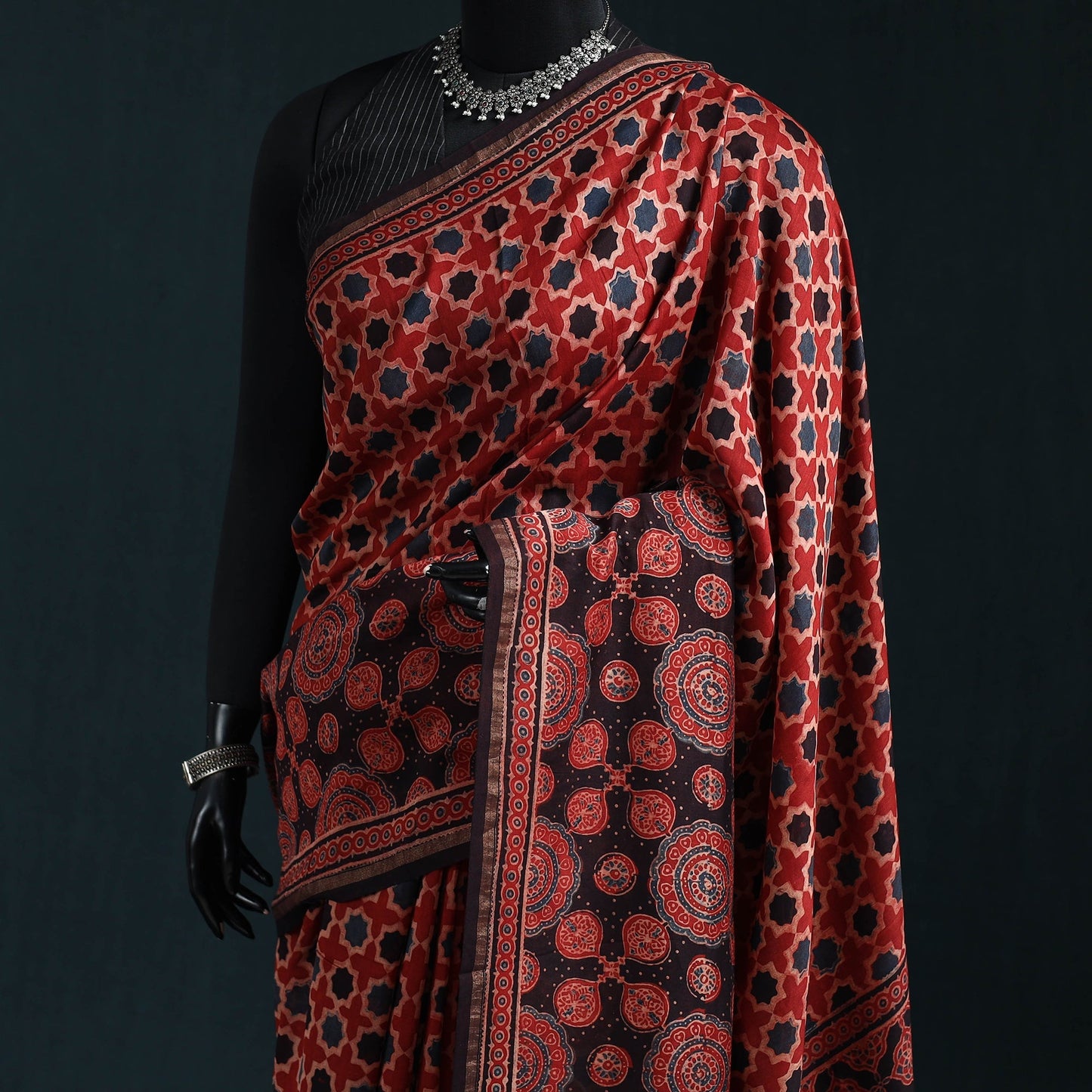 Hand block print natural dyed chanderi silk ajrakh saree 14