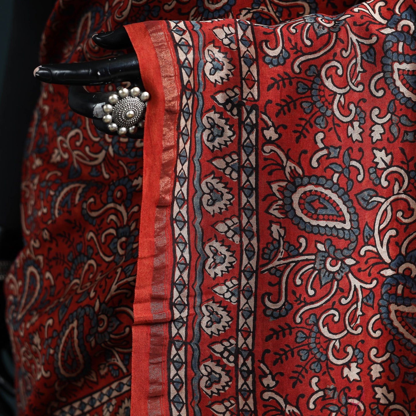 Hand block print natural dyed chanderi silk ajrakh saree 17