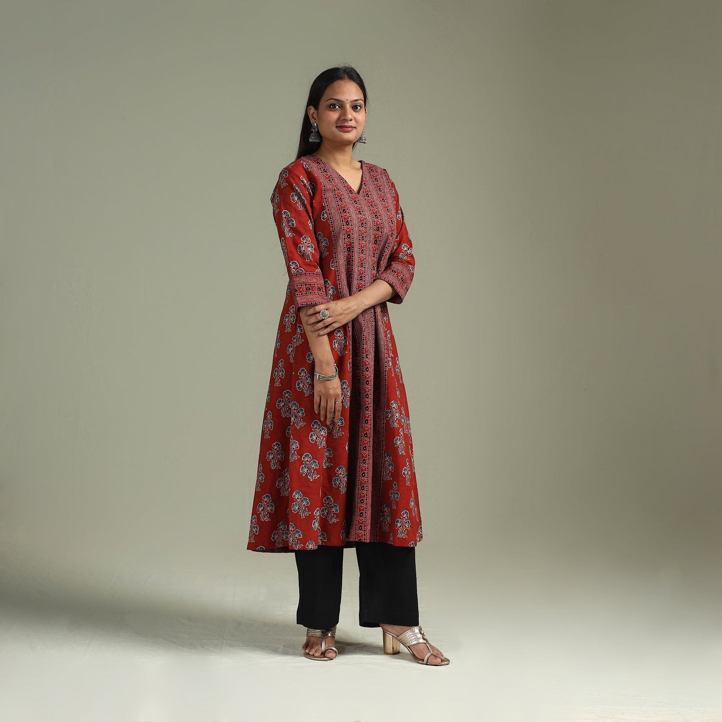 Hand block print natural dyed cotton a-line ajrakh kurta