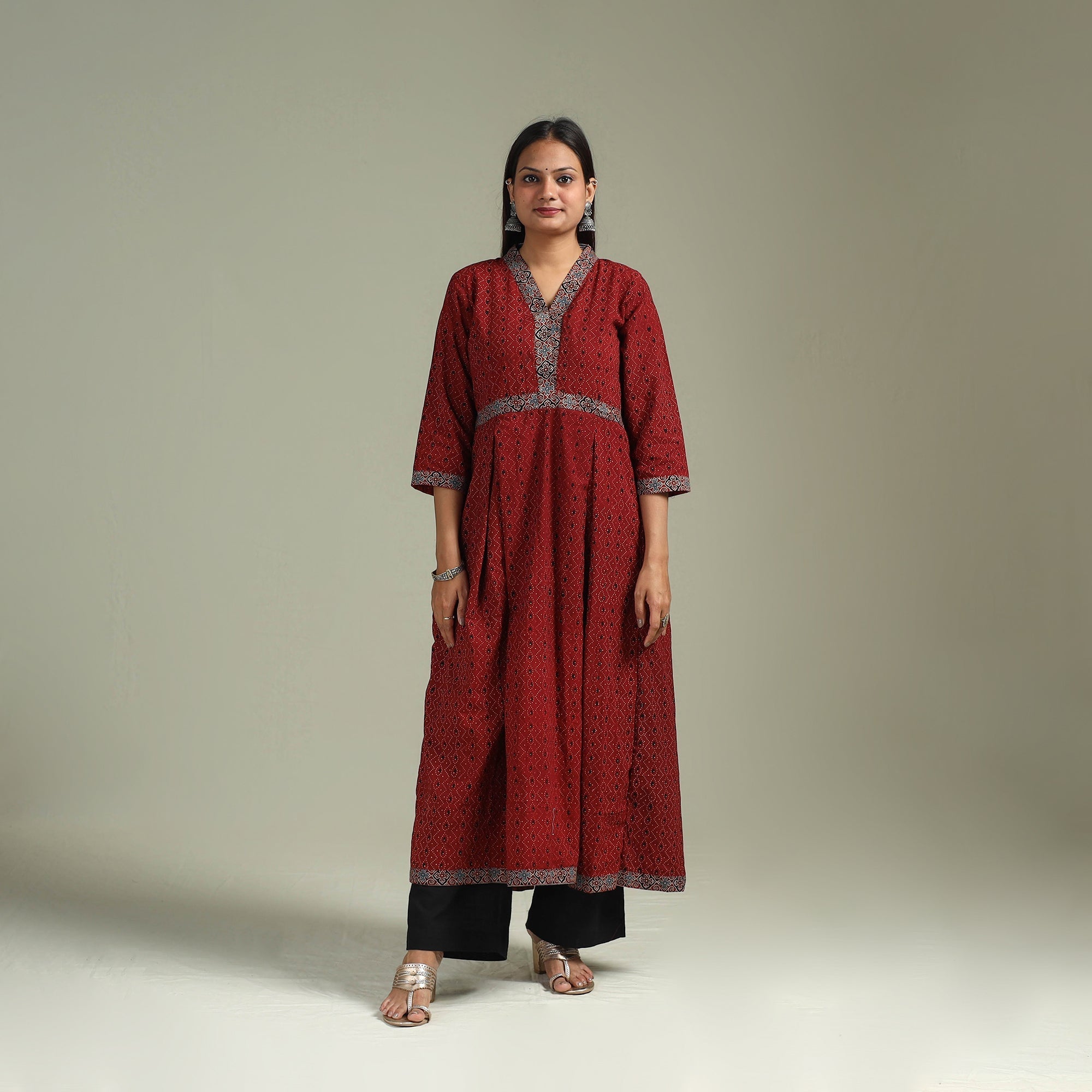 Red - Hand Block Print Natural Dyed Cotton A-Line Ajrakh Long Kurta for women 19