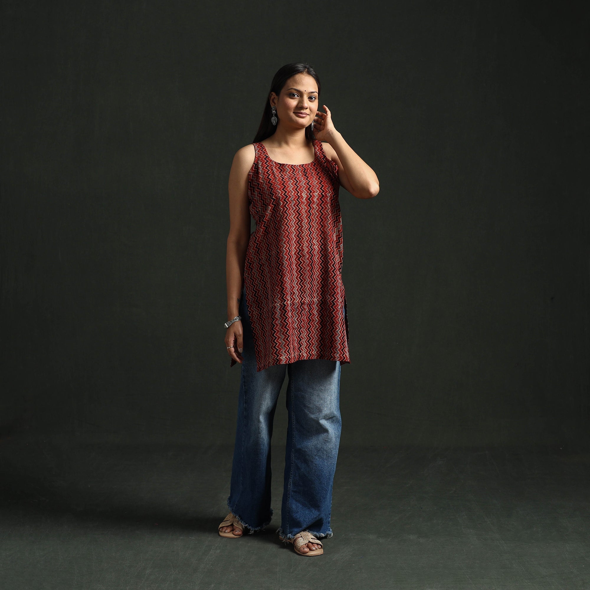 Red - Hand Block Print Natural Dyed Cotton Short Ajrakh Kurta for women 10