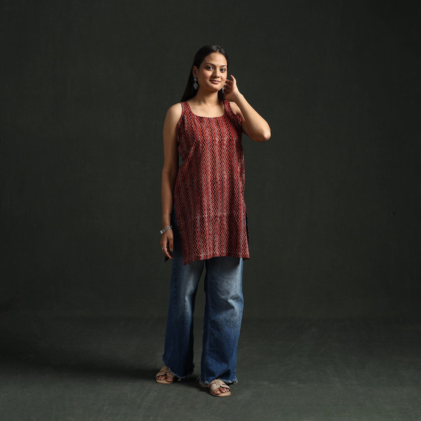 Hand block print natural dyed cotton short ajrakh kurta
