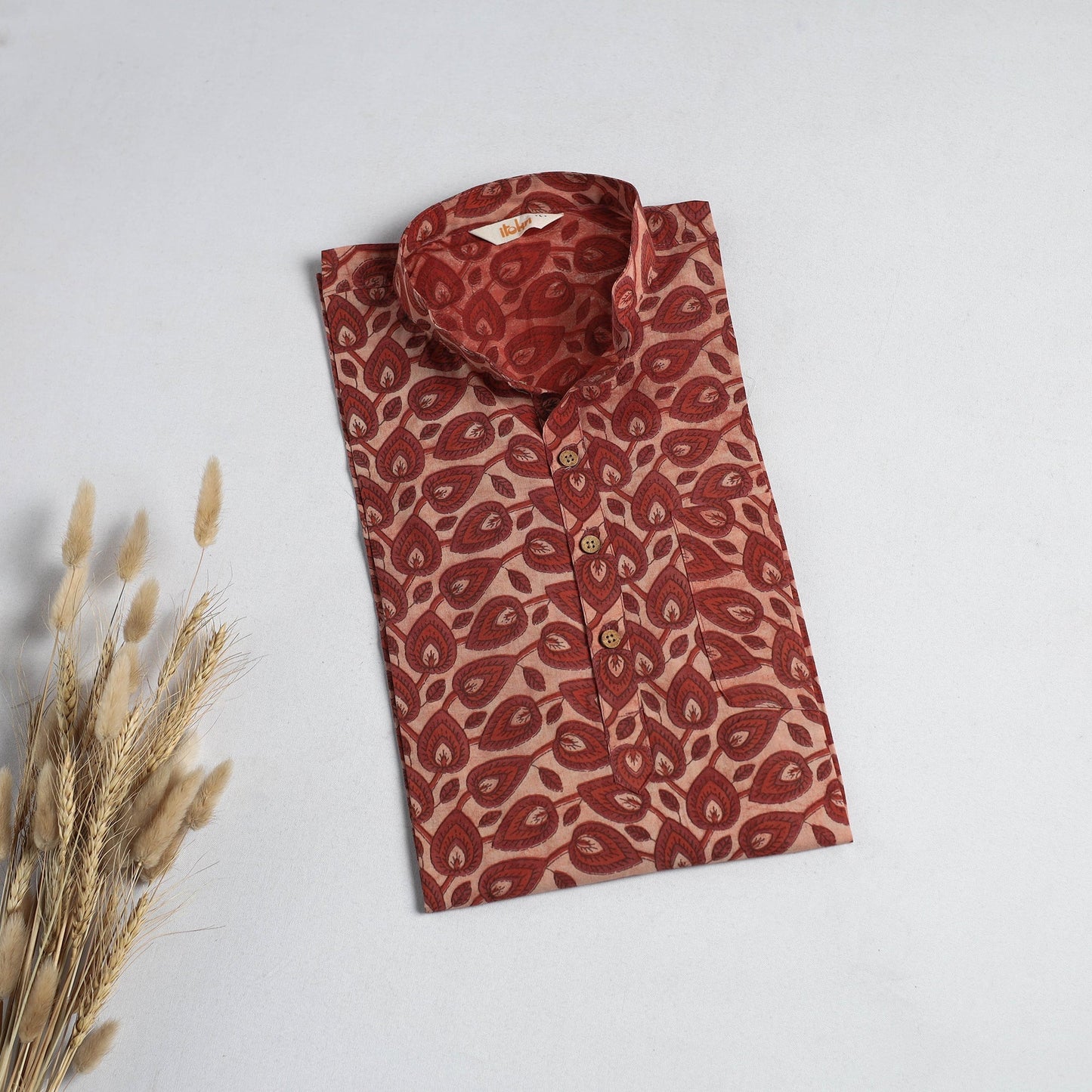 Hand block print natural dyed cotton short bagru kurta