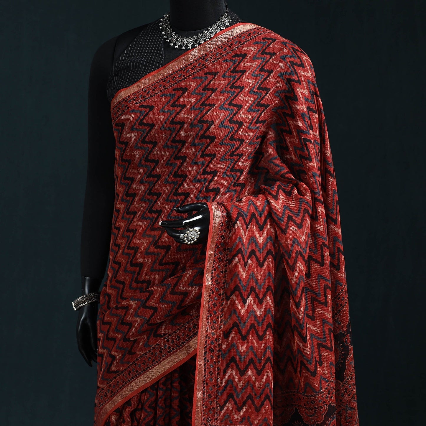 Hand block print natural dyed kota doria cotton ajrakh