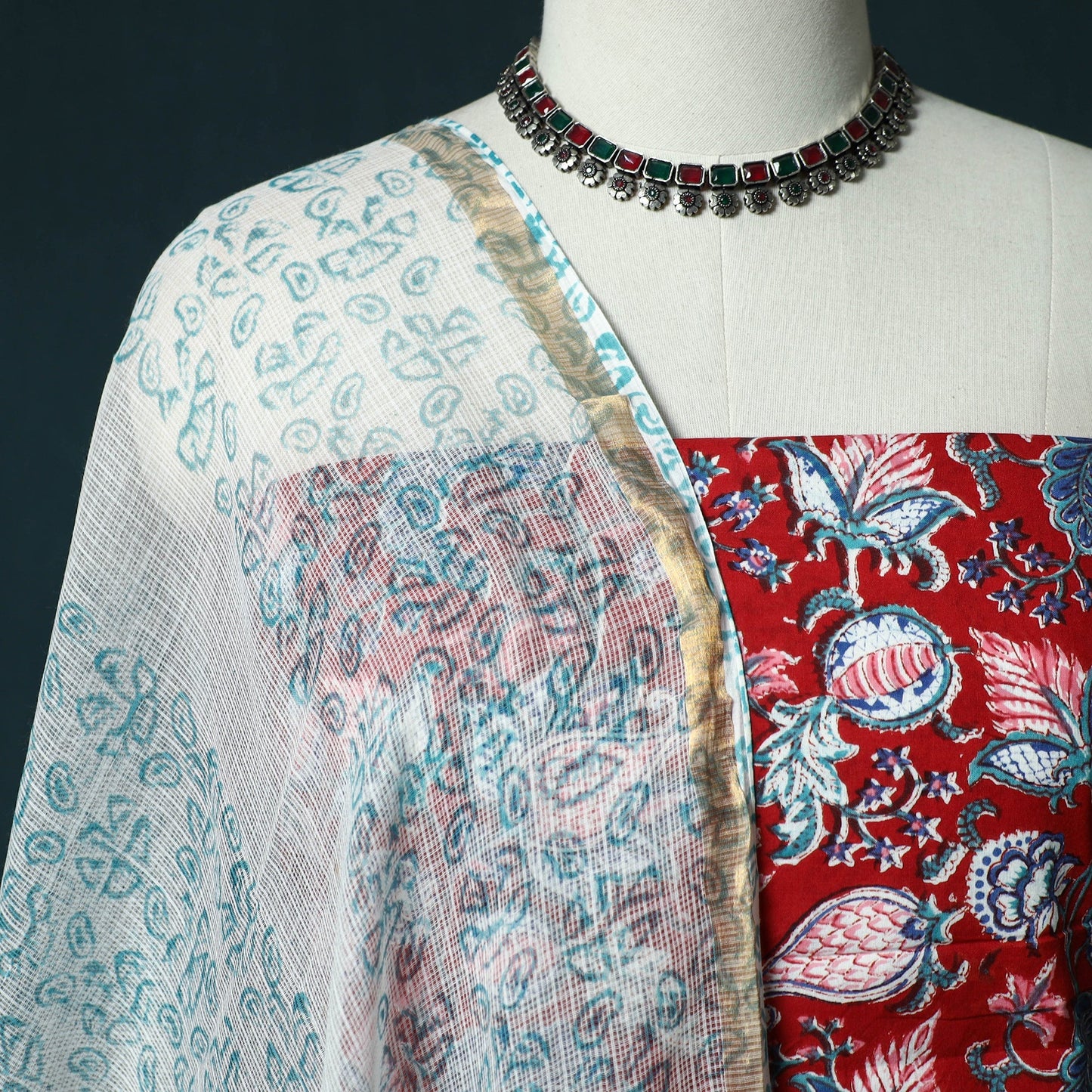 Hand block print sanganeri cotton 3pc unstitched dress