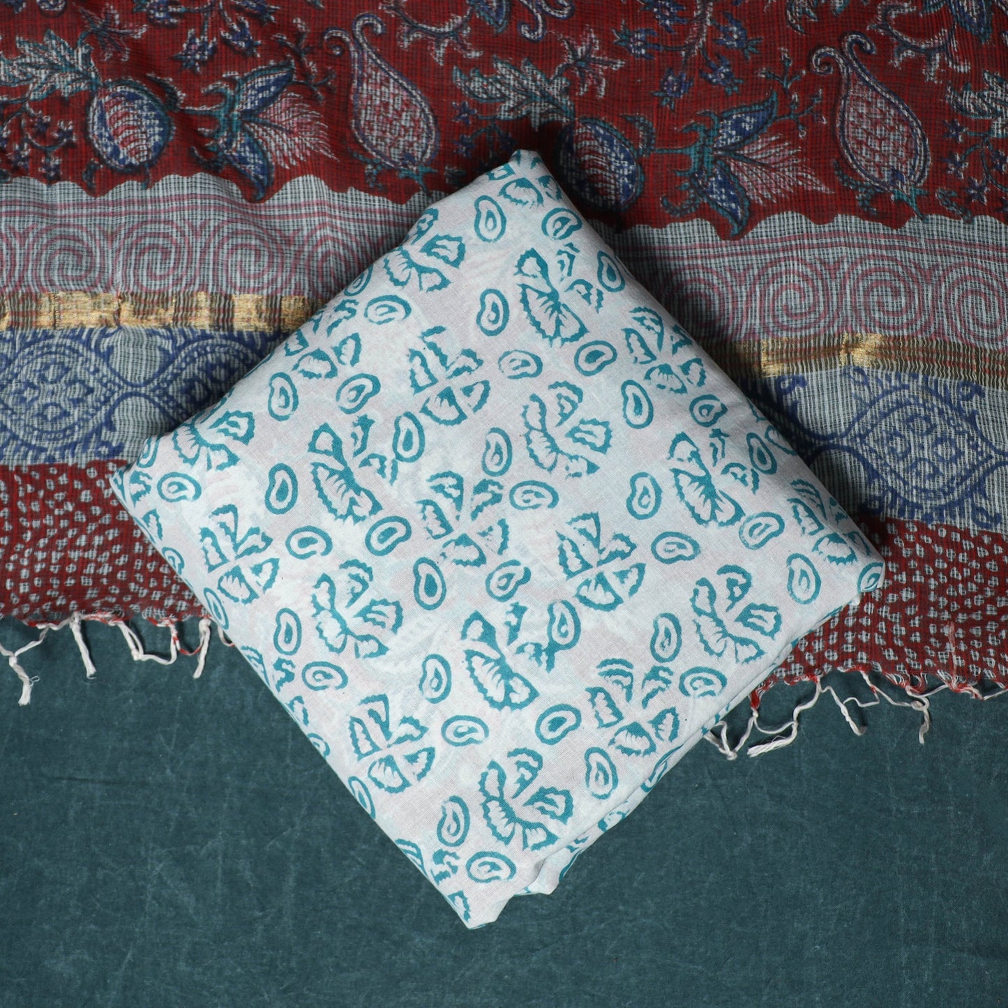 Hand block print sanganeri cotton 3pc unstitched dress