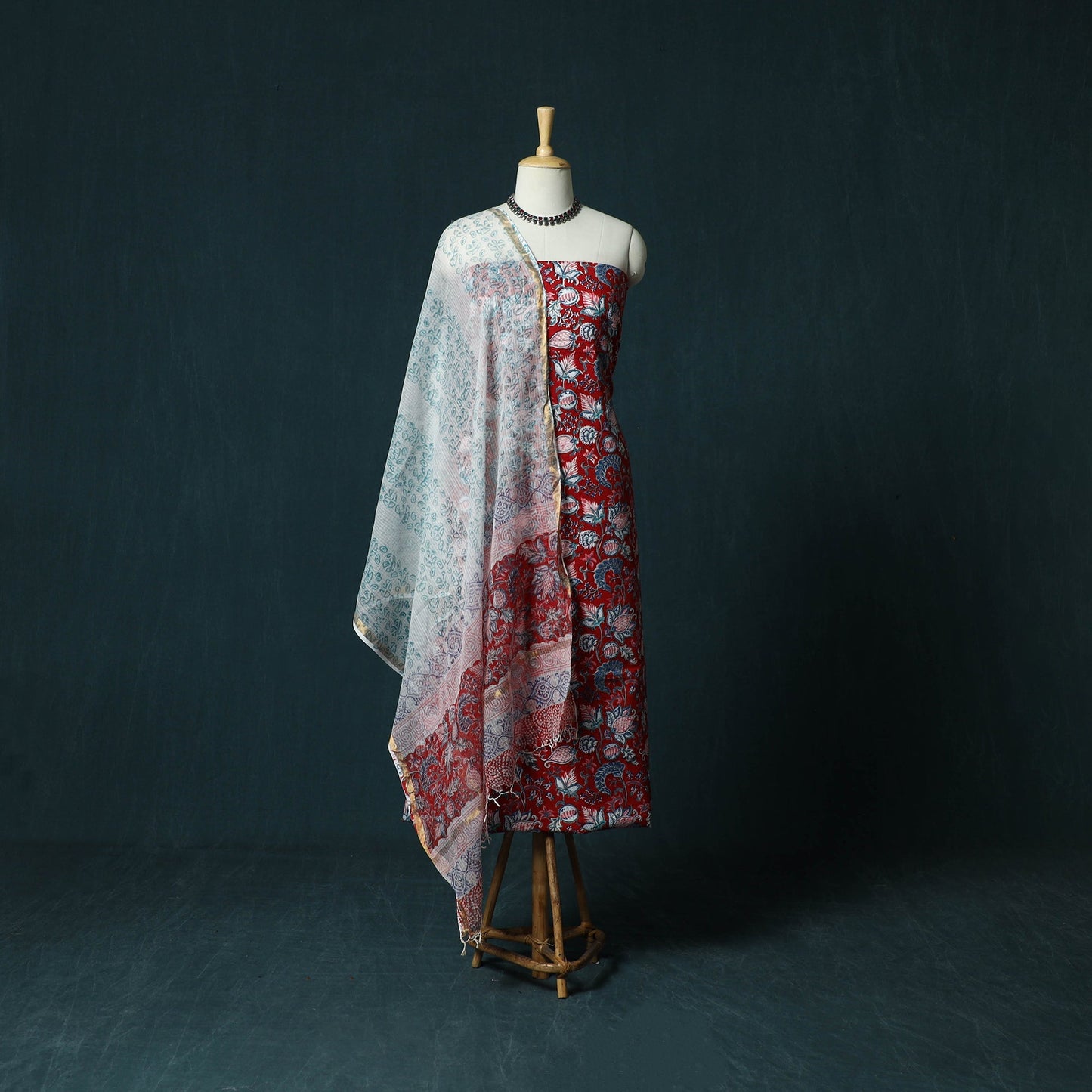 Hand block print sanganeri cotton 3pc unstitched dress