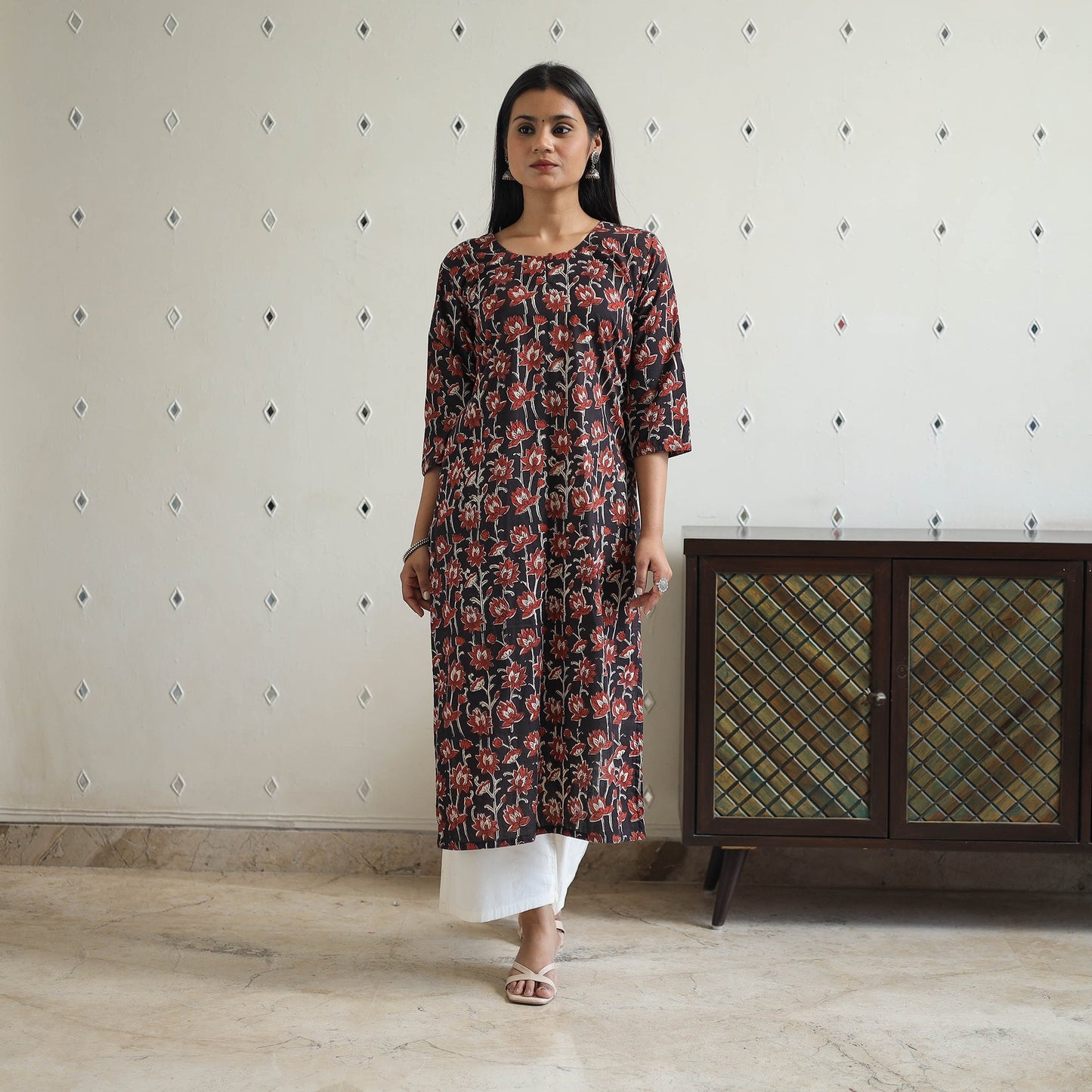 Hand Block Printed Cotton Straight Bagru Kurta for Women