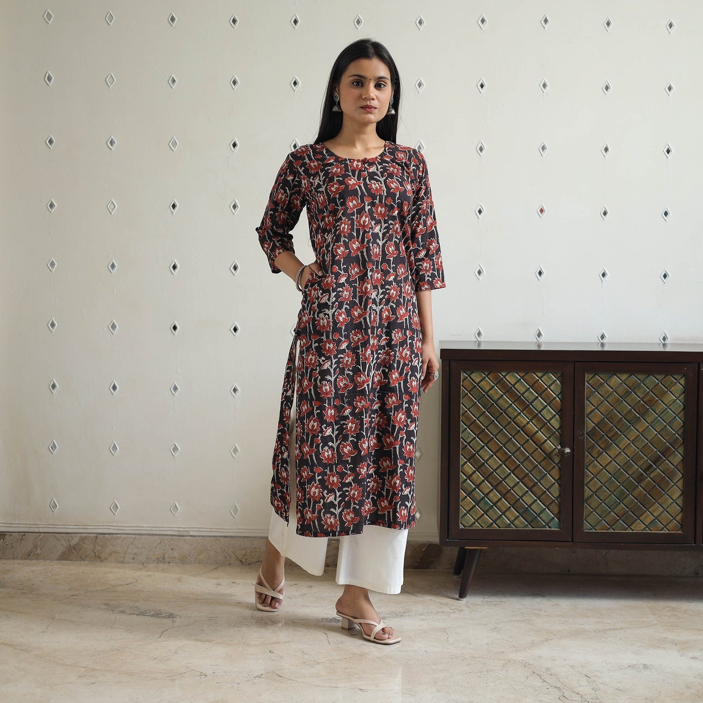 Hand Block Printed Cotton Straight Bagru Kurta for Women