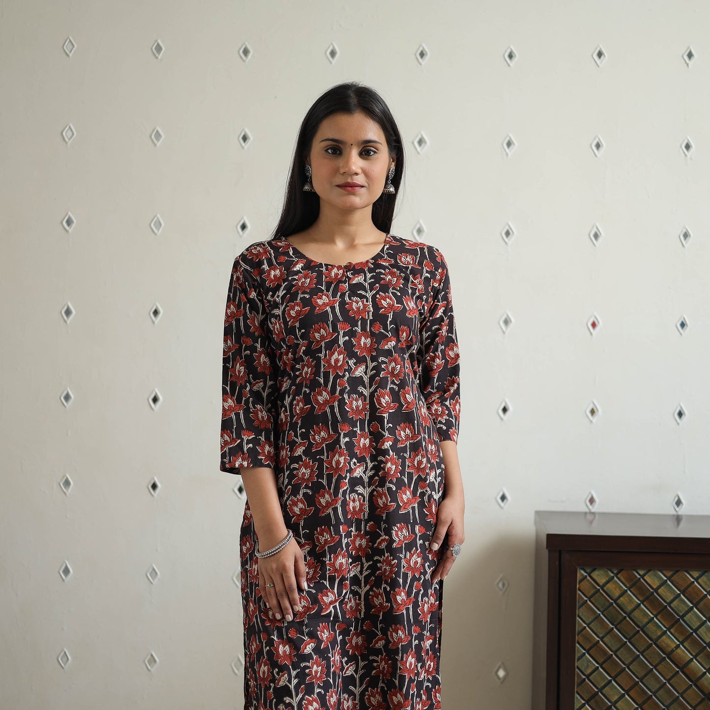 Hand Block Printed Cotton Straight Bagru Kurta for Women