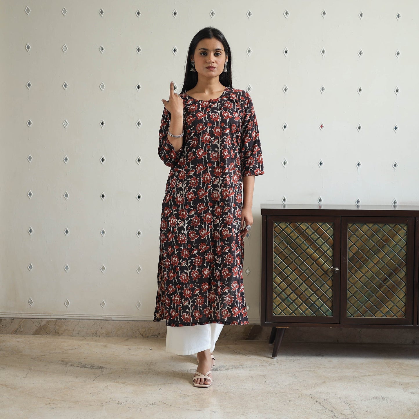Hand Block Printed Cotton Straight Bagru Kurta for Women
