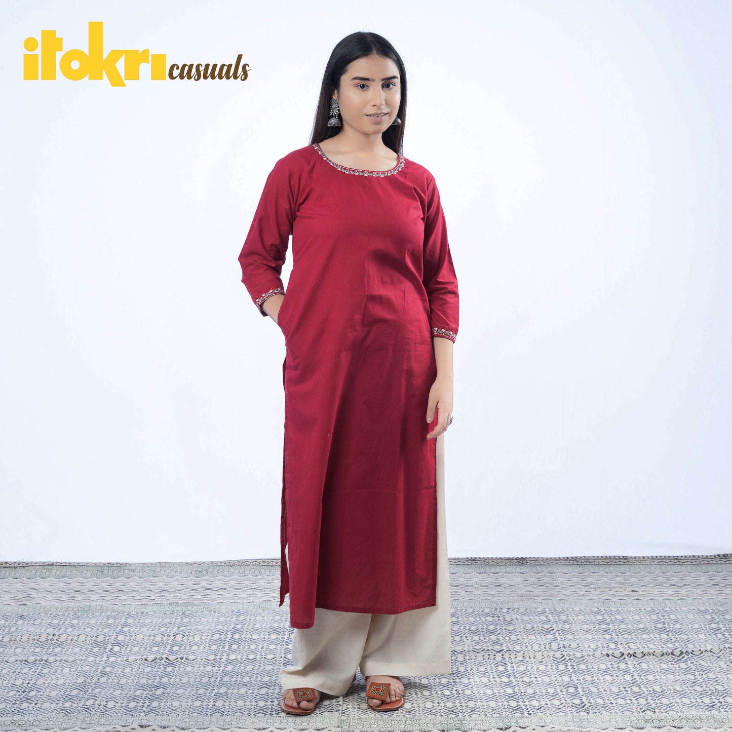 iTokri Casuals - Hand Embroidered Cotton Long Kurta Online at iTokri.com
