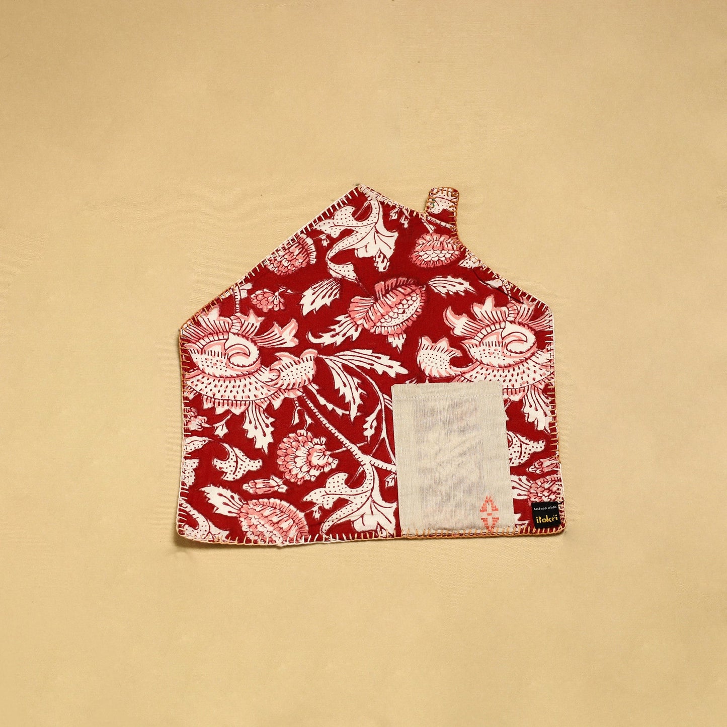 Red Hand Embroidered Floral Cotton Pot Holder with Pocket