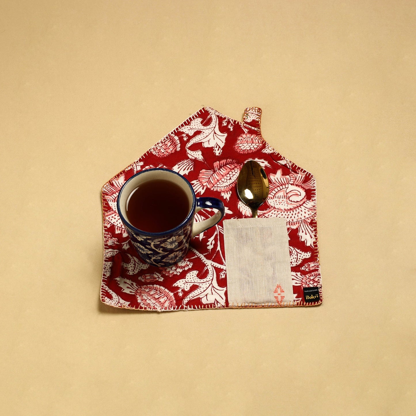 Red Hand Embroidered Floral Cotton Pot Holder with Pocket