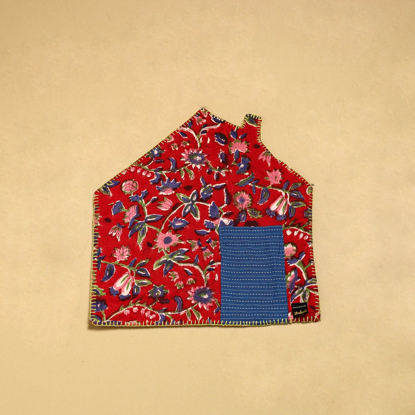 Red Hand Embroidered Floral Pot Holder with Pocket