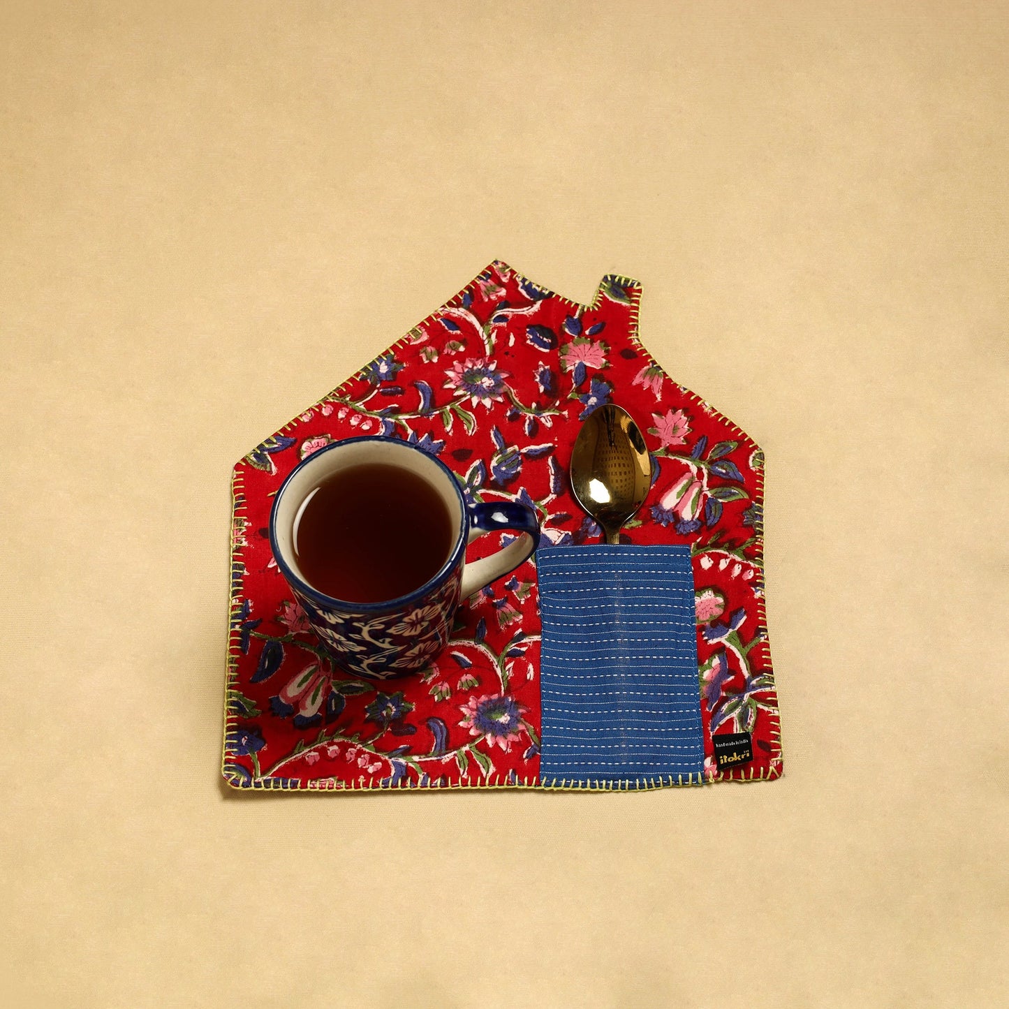 Red Hand Embroidered Floral Pot Holder with Pocket