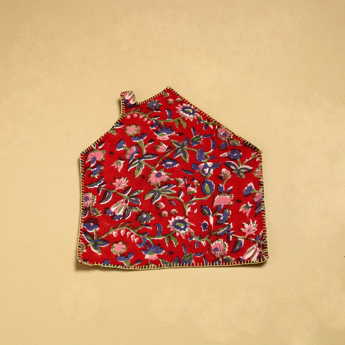 Red Hand Embroidered Floral Pot Holder with Pocket