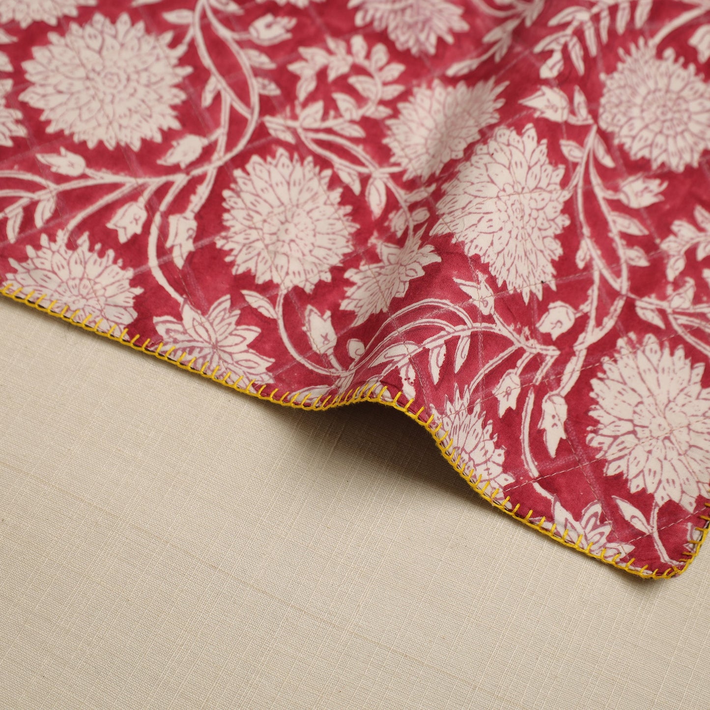 Hand Embroidered Floral Cotton Reversible Red Table Mat
