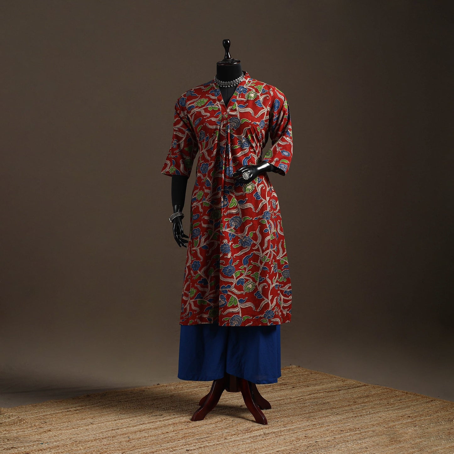 Hand embroidered printed cotton a-line kalamkari kurta