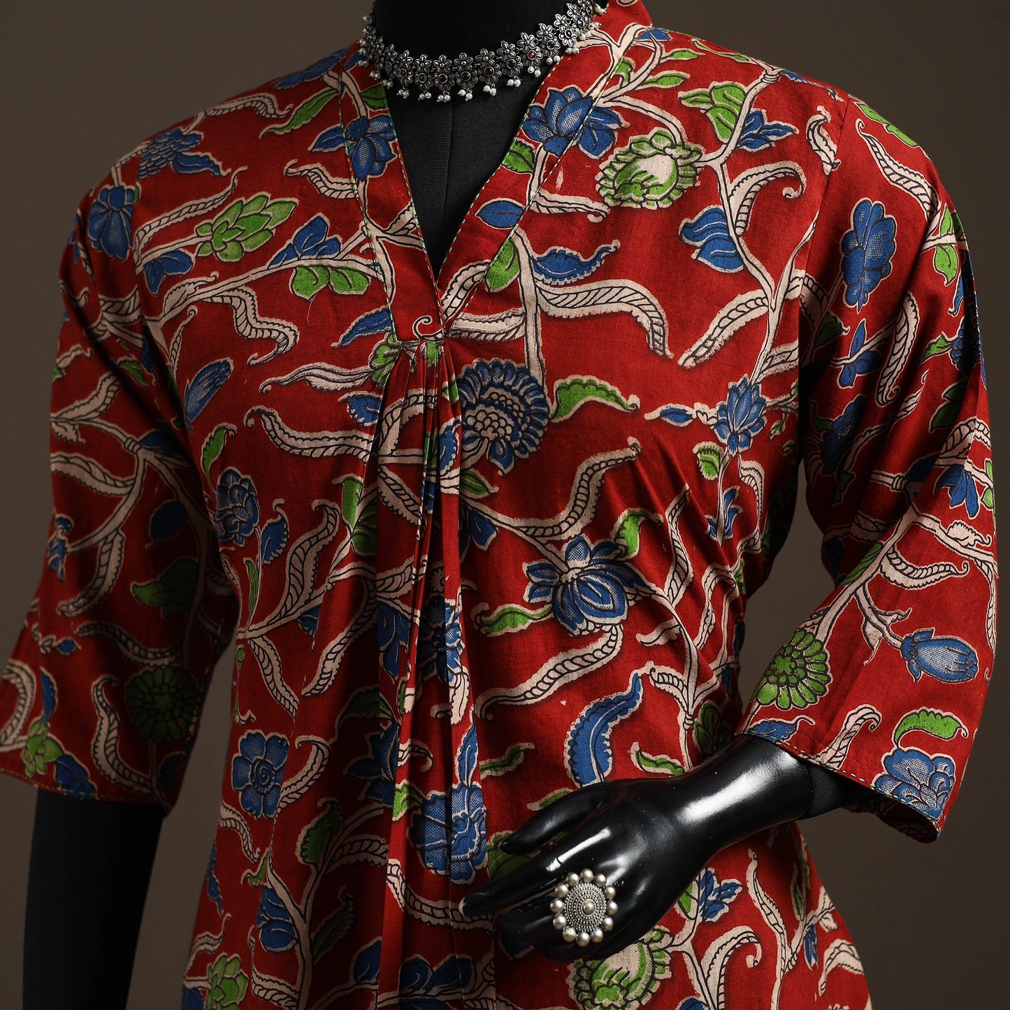 Hand embroidered printed cotton a-line kalamkari kurta