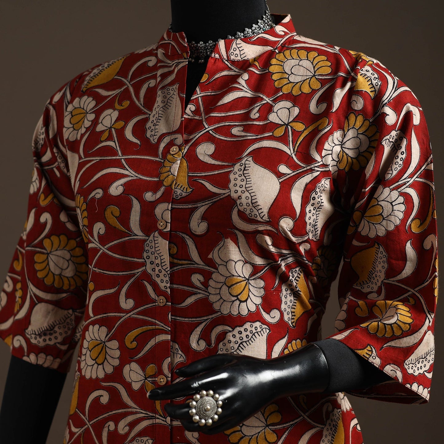 Hand embroidered printed cotton a-line kalamkari kurta