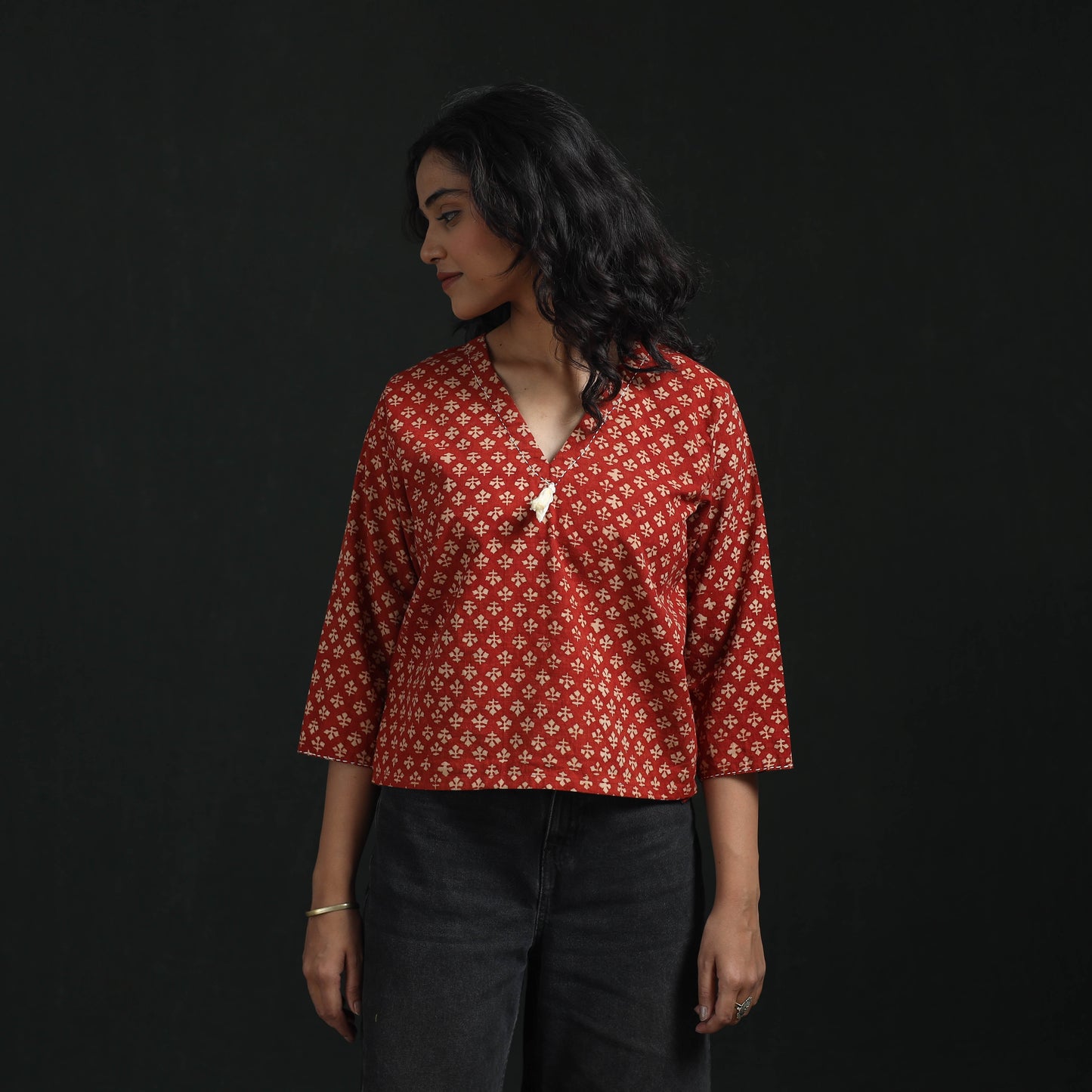 Hand embroidery block print cotton natural dyed ajrakh crop