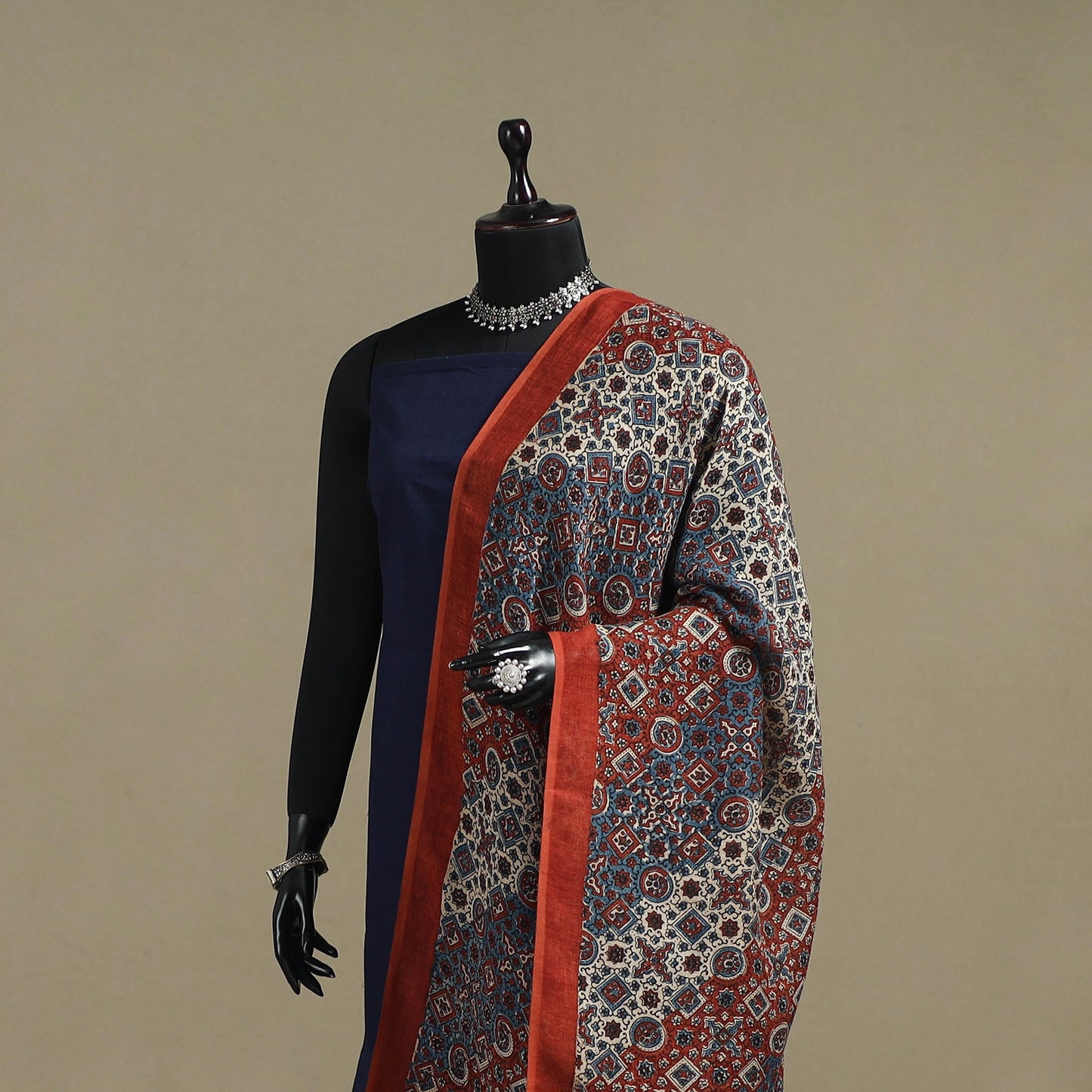 Hand natural dyed linen dupatta with tassels 17