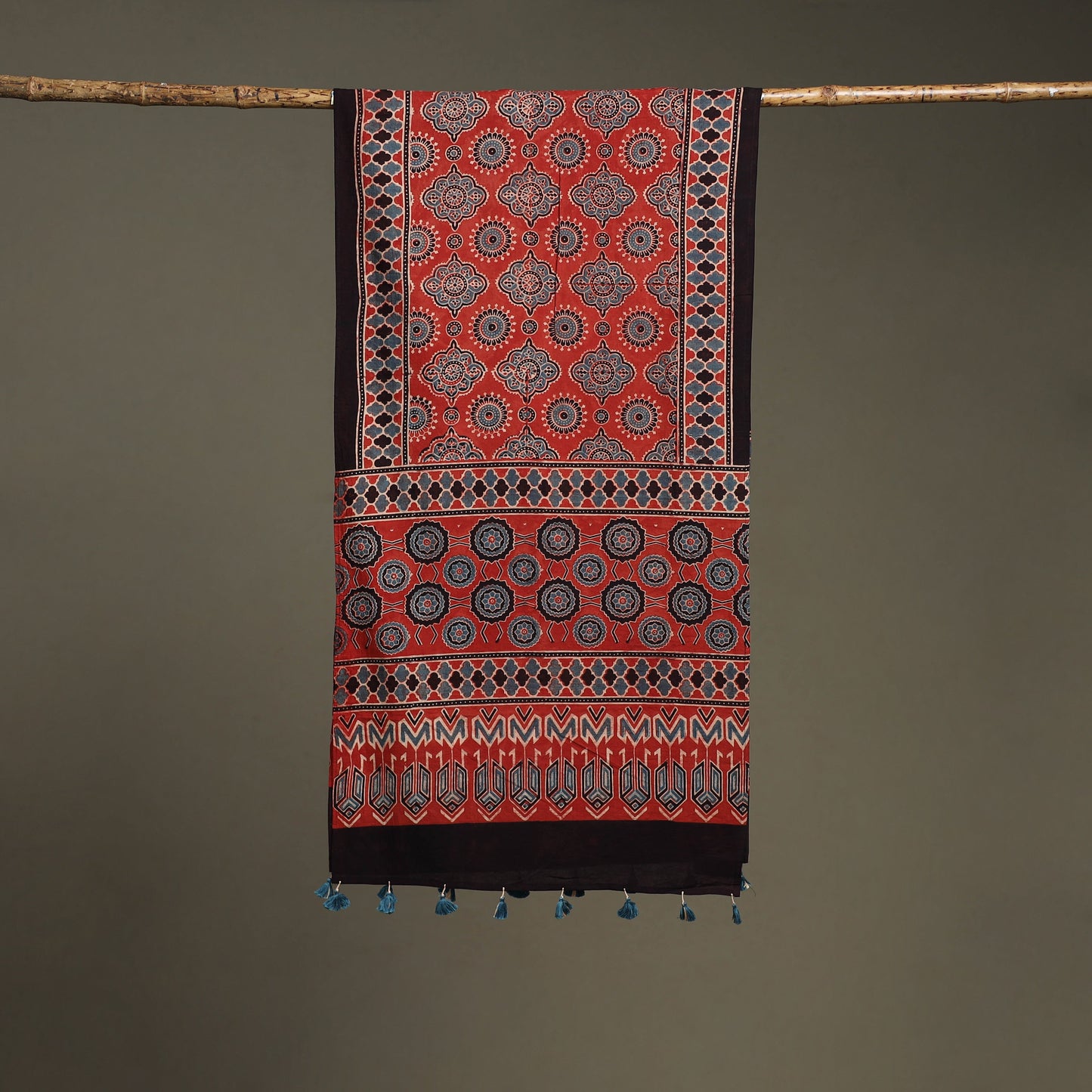 Hand natural dyed pure cotton stole with tassels 25