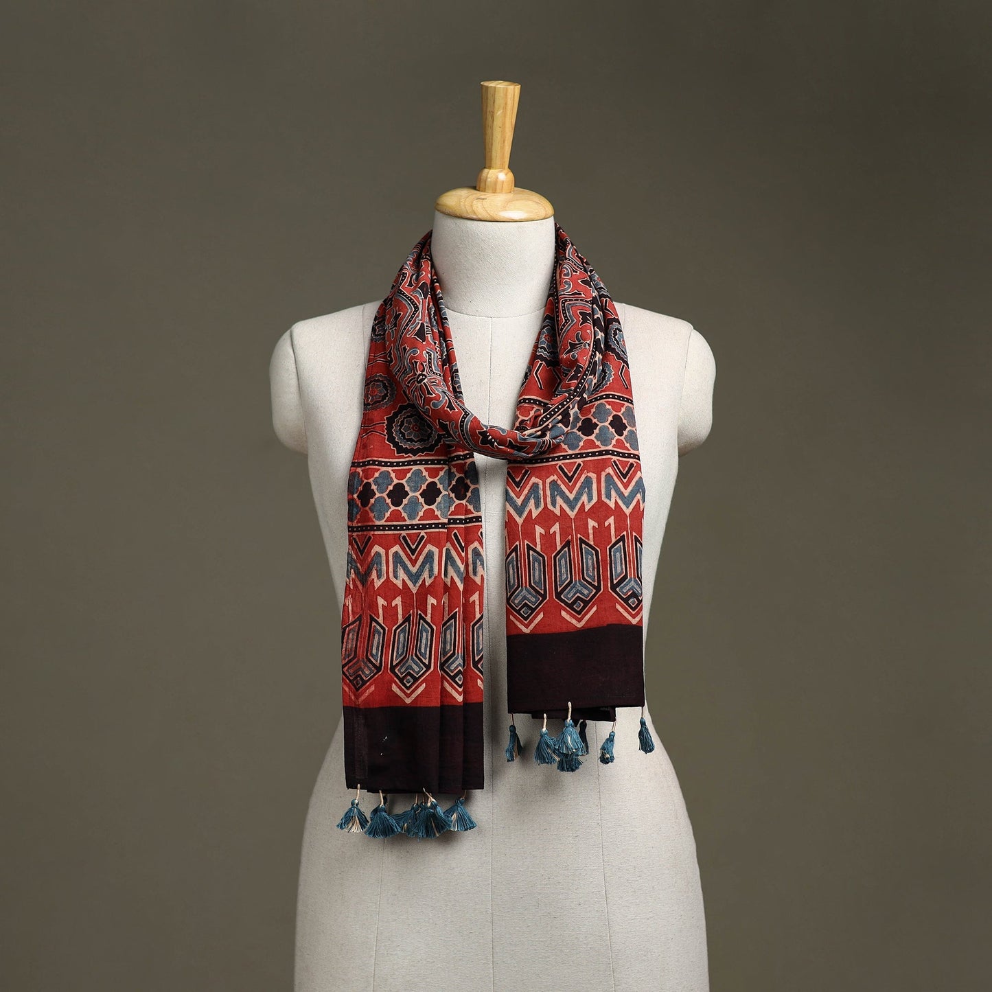 Hand natural dyed pure cotton stole with tassels 28